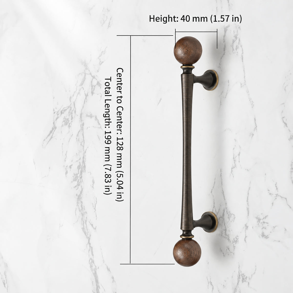 Measurements for coffee-finish bar cabinet pull with dark wood ball ends, style #5 Coffee (128 mm).