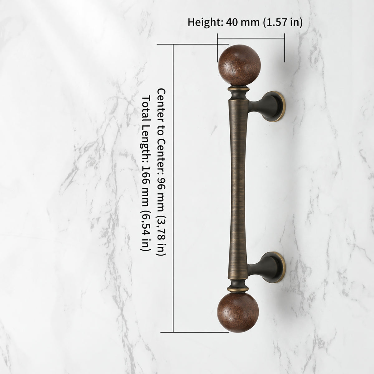 Measurements for coffee-finish bar cabinet pull with dark wood ball ends, style #5 Coffee (96 mm).