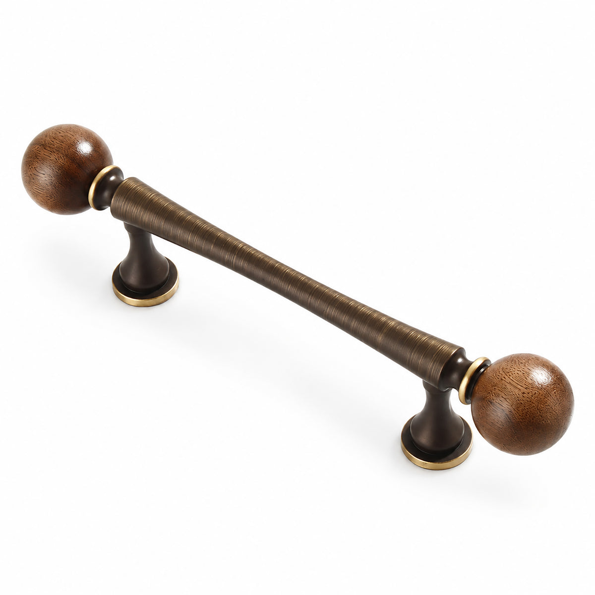 Coffee-finish bar cabinet pull with dark wood ball ends, style #5 Coffee (96 mm).