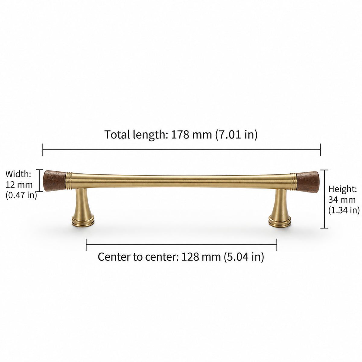 Measurements for dark wood-ended brass bar cabinet pull, style #6 Brass (128 mm).
