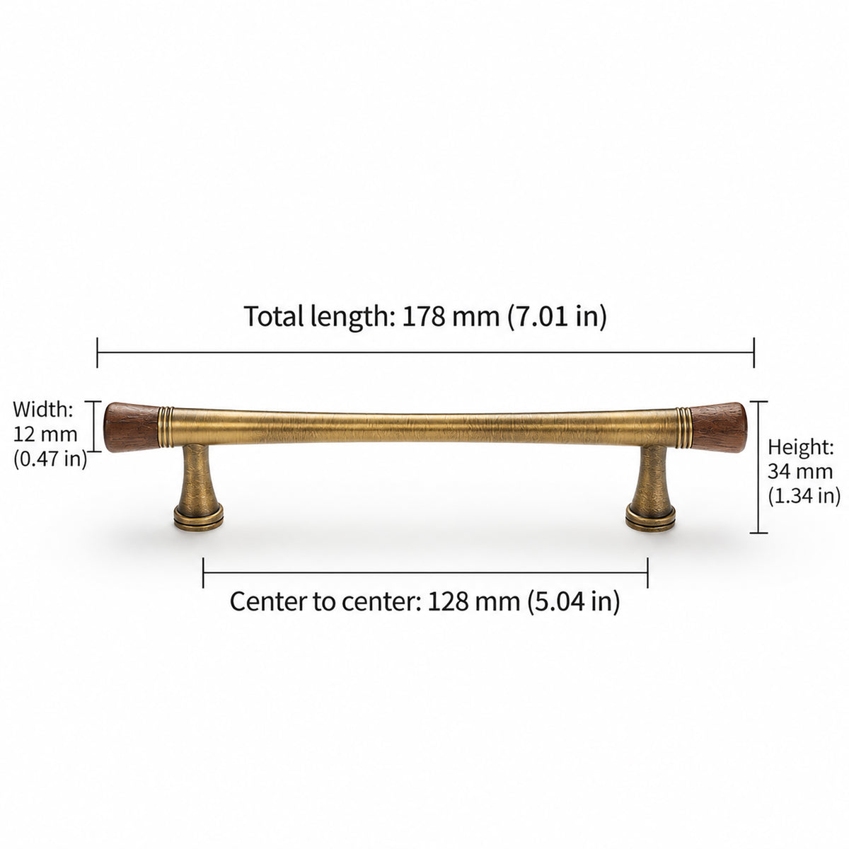 Measurements for dark wood-ended bronze-finish bar cabinet pull, style #6 Bronze (128 mm).