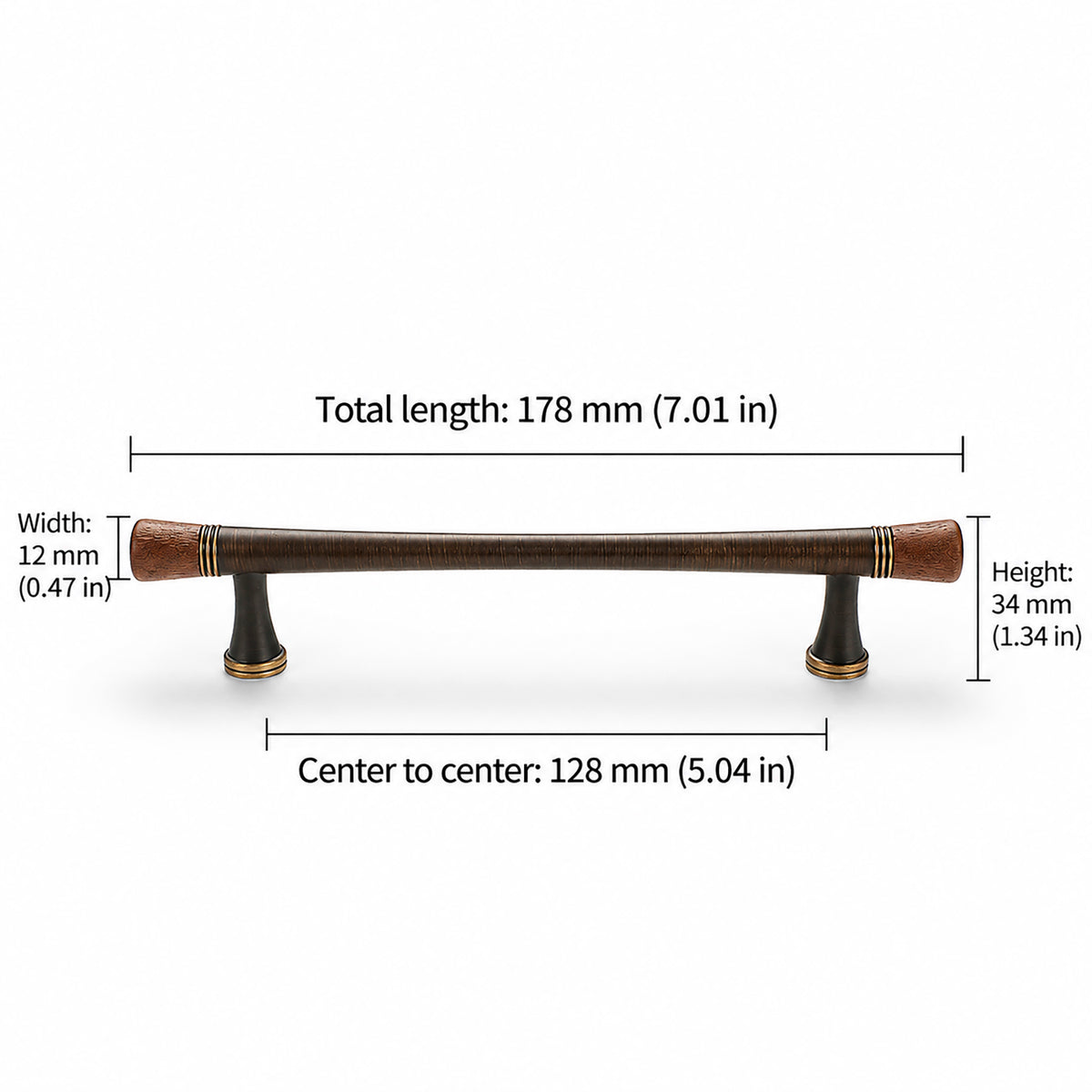 Measurements for dark wood-ended coffee-finish bar cabinet pull, style #6 Coffee (128 mm).