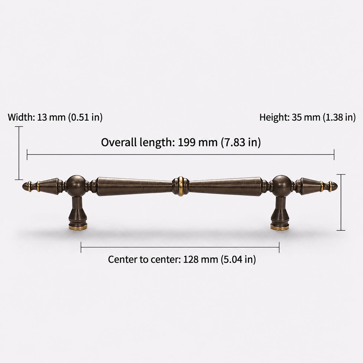 Measurements for dark antique brass bar cabinet pull with gold-ringed tapered spindle, style #6 (128 mm).