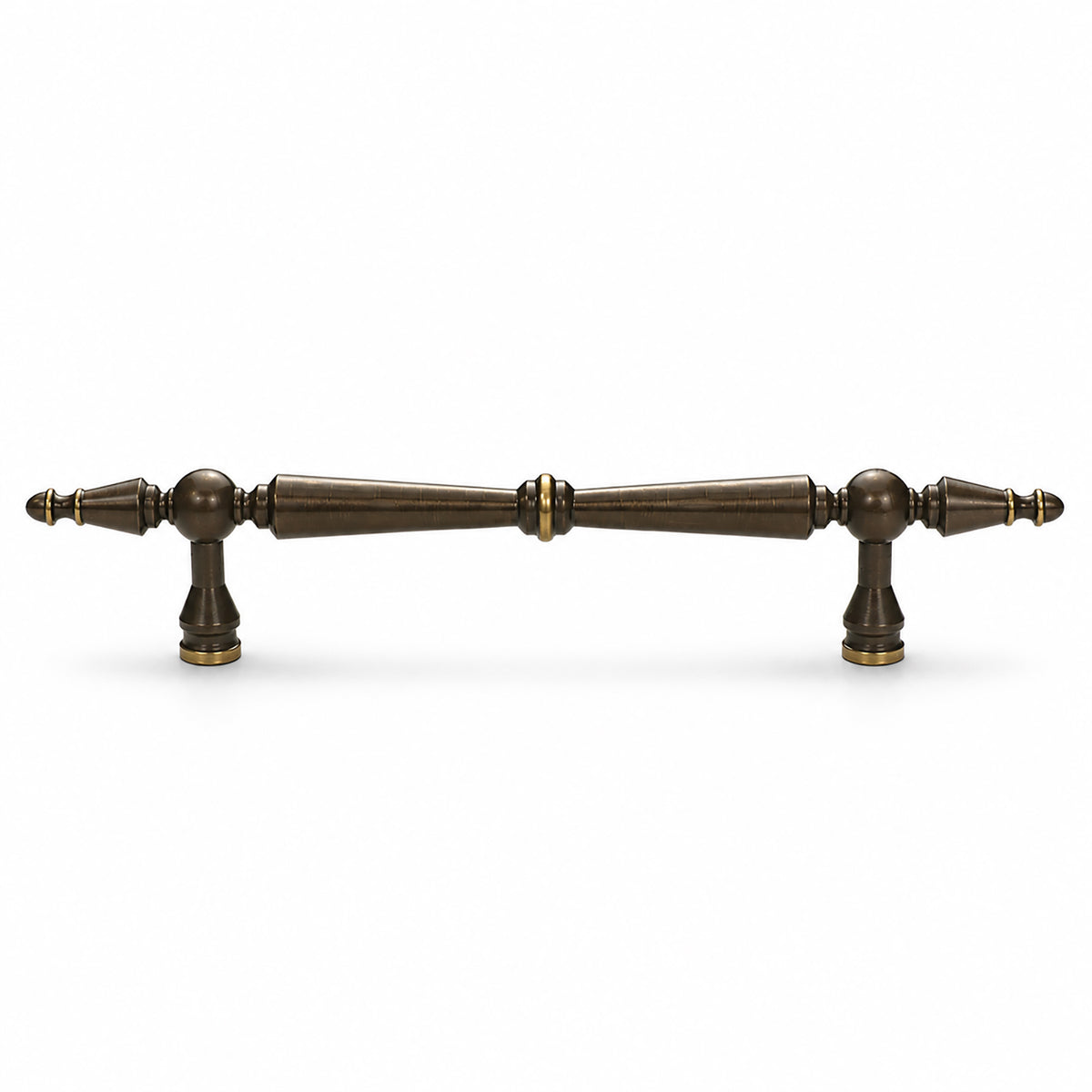 Dark antique brass bar cabinet pull with gold-ringed tapered spindle, style #6 (128 mm).