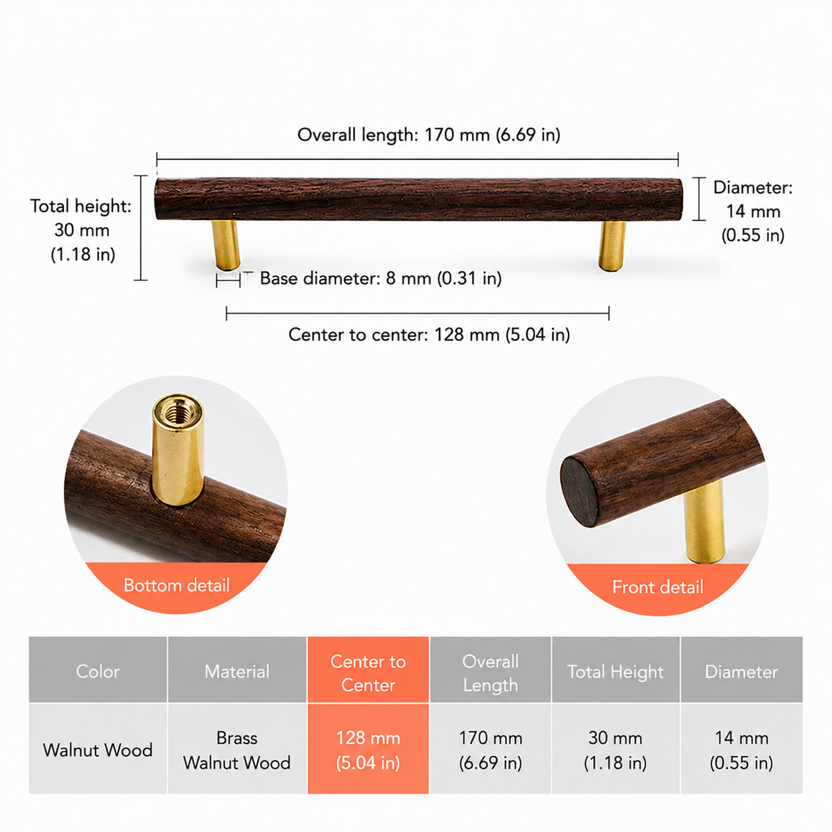 Measurements for slim walnut wood bar cabinet pull with brass mounts, style #6 (128 mm).