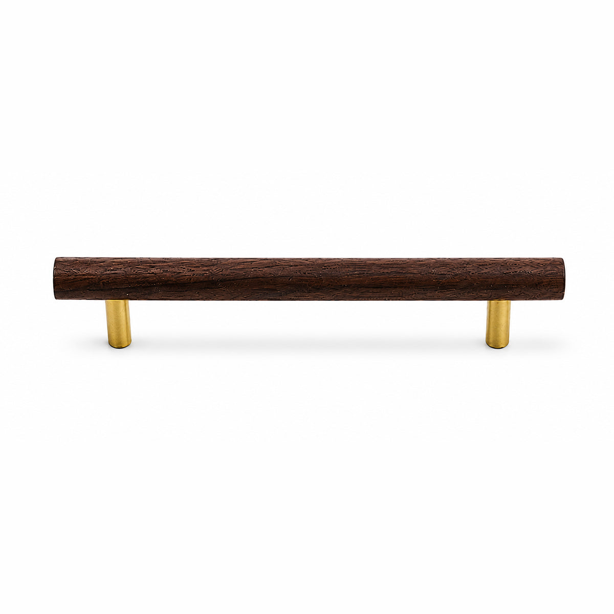 Slim walnut wood bar cabinet pull with brass mounts, style #6 (128 mm).