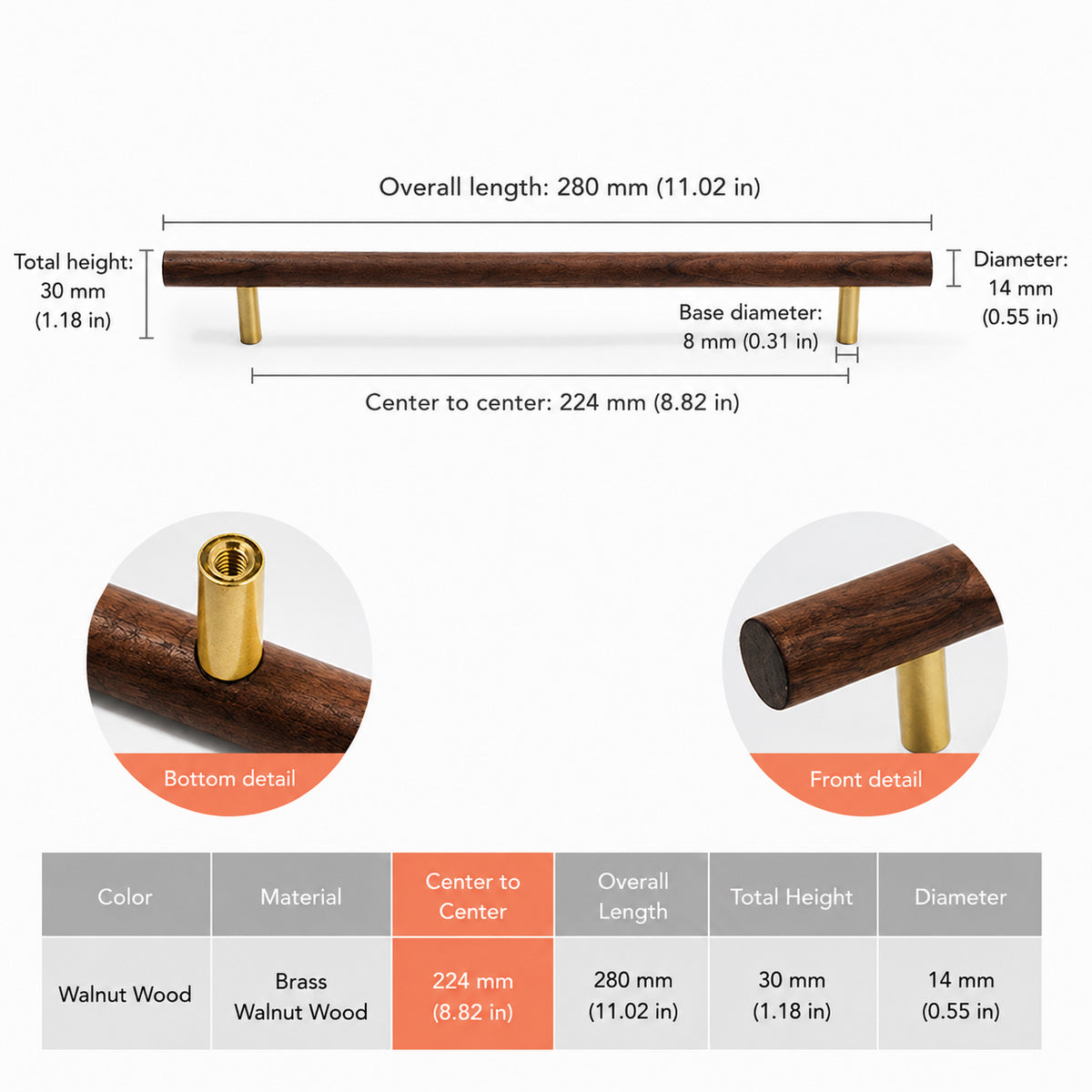 Measurements for slim walnut wood bar cabinet pull with brass mounts, style #6 (224 mm).