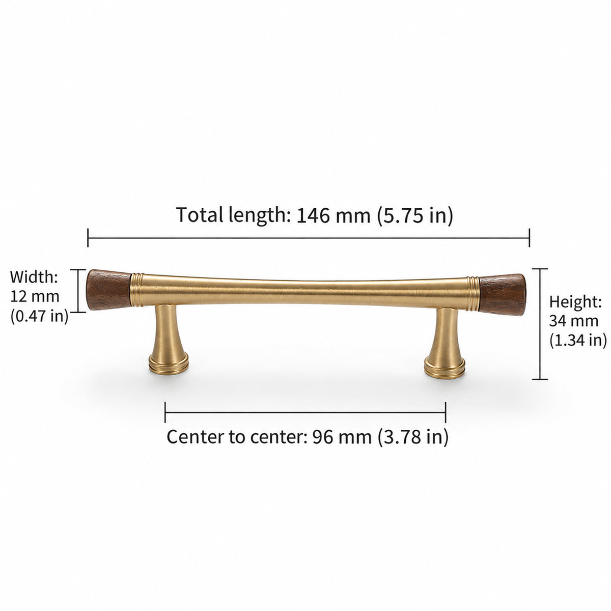 Measurements for dark wood-ended brass bar cabinet pull, style #6 Brass (96 mm).