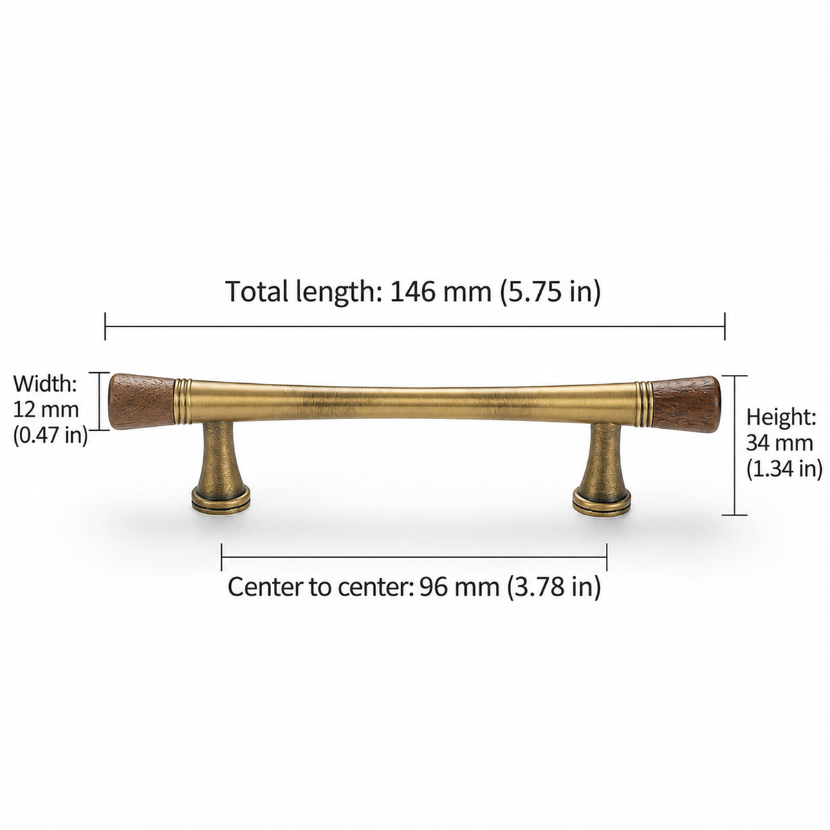 Measurements for dark wood-ended bronze-finish bar cabinet pull, style #6 Bronze (96 mm).