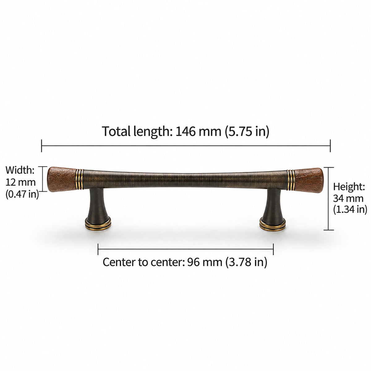 Measurements for dark wood-ended coffee-finish bar cabinet pull, style #6 Coffee (96 mm).