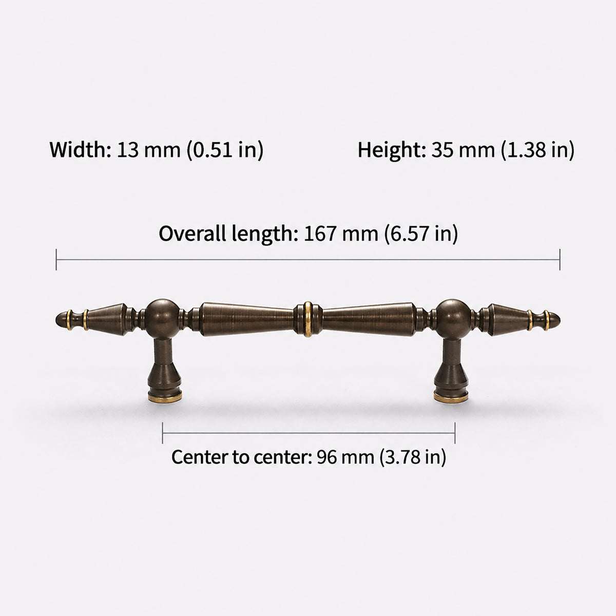 Measurements for dark antique brass bar cabinet pull with gold-ringed tapered spindle, style #6 (96 mm).