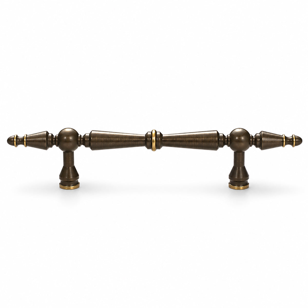 Dark antique brass bar cabinet pull with gold-ringed tapered spindle, style #6 (96 mm).