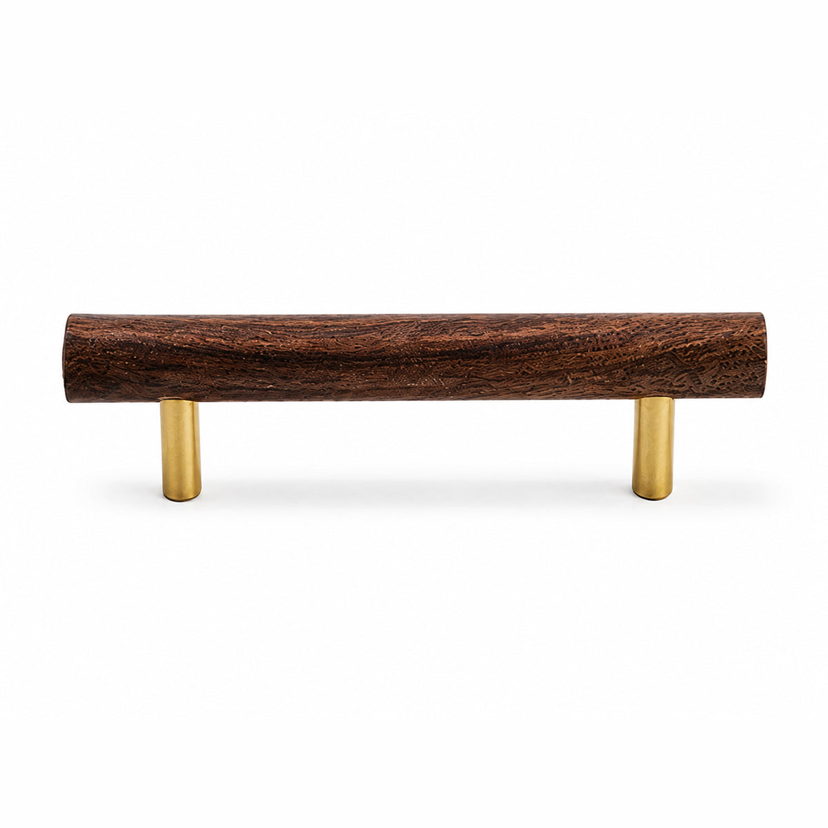 Slim walnut wood bar cabinet pull with brass mounts, style #6 (96 mm).