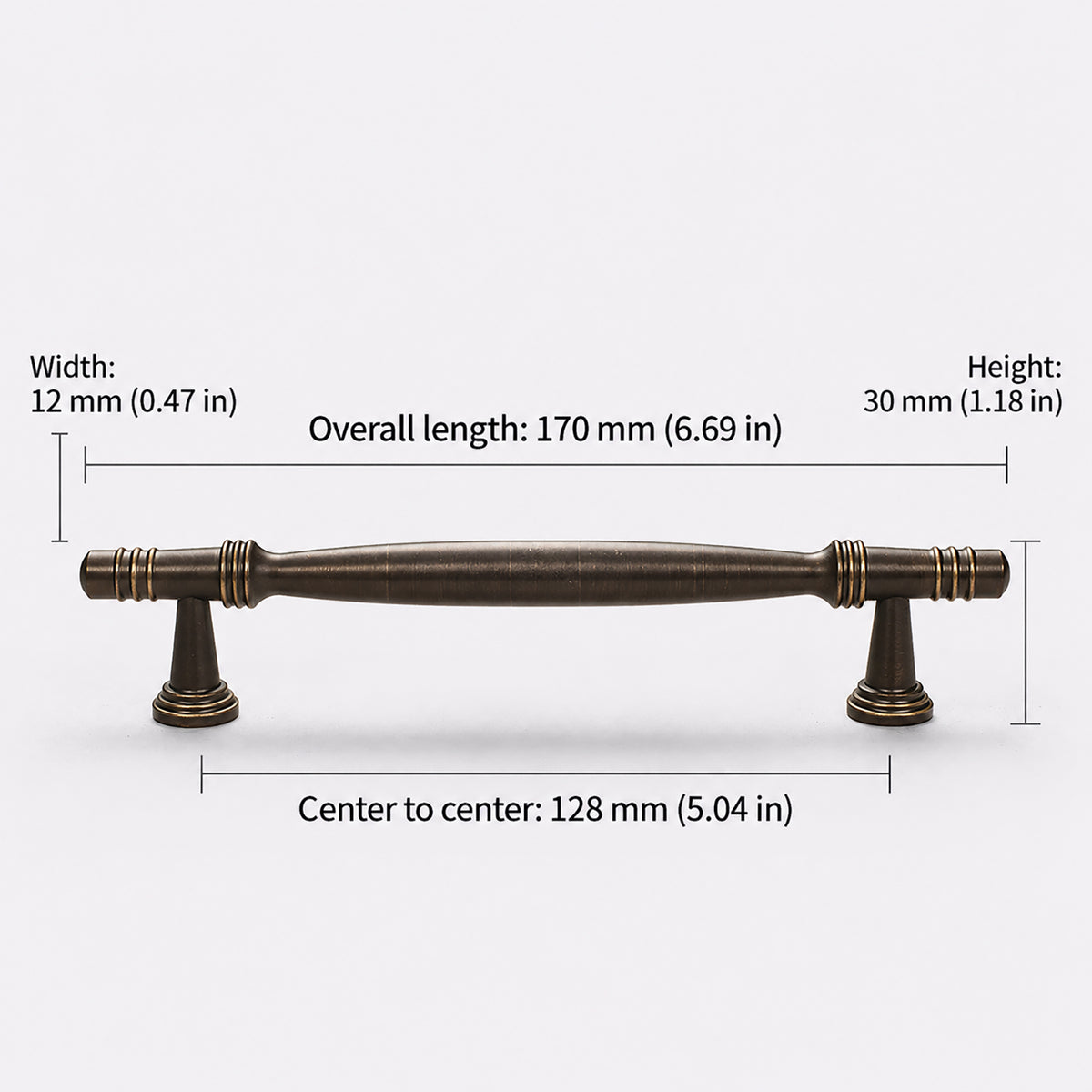 Measurements for dark antique brass bar cabinet pull with slender spindle and finial ends, style #7 (128 mm).