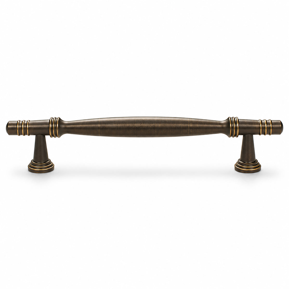 Dark antique brass bar cabinet pull with slender spindle and finial ends, style #7 (128 mm).