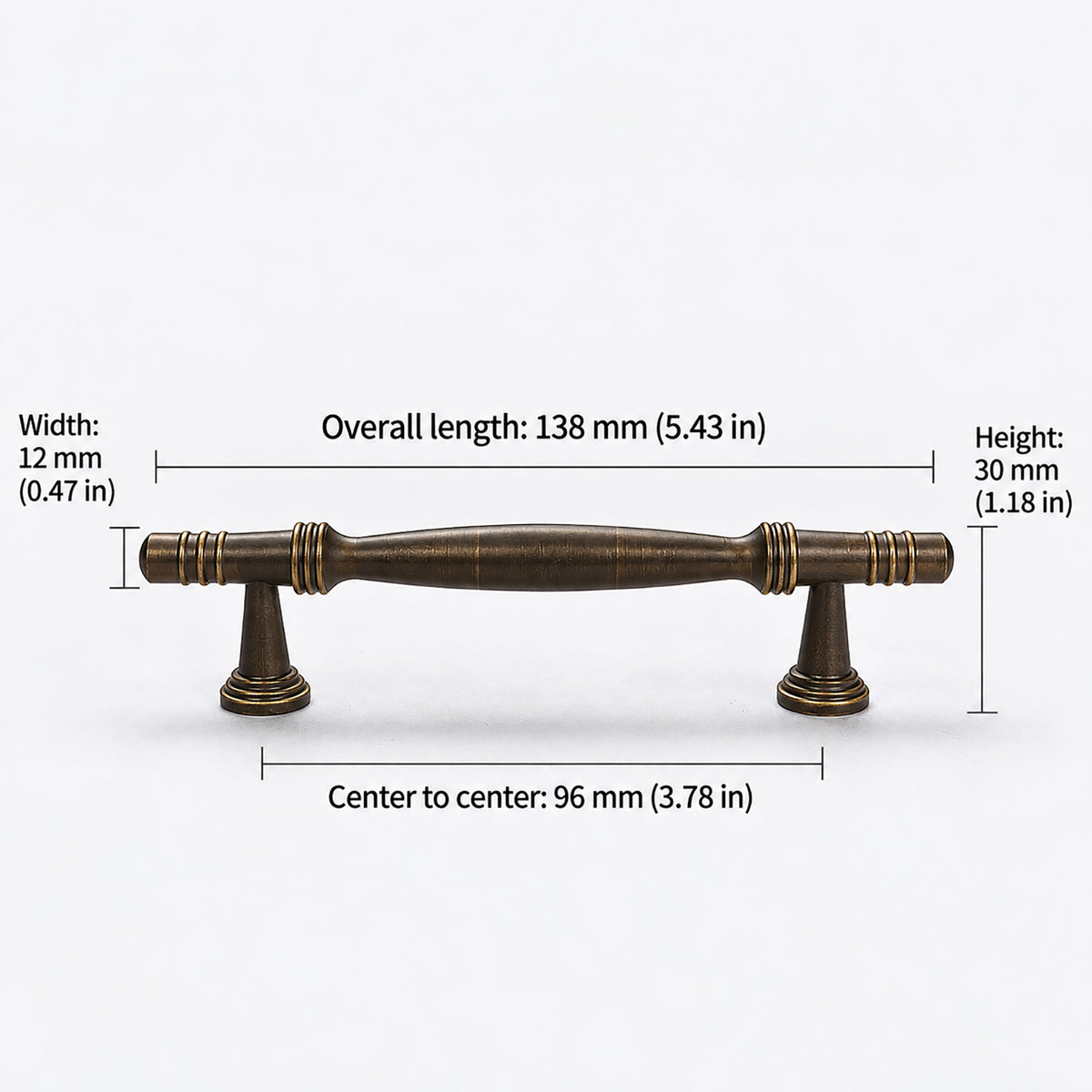 Measurements for dark antique brass bar cabinet pull with slender spindle and finial ends, style #7 (96 mm).