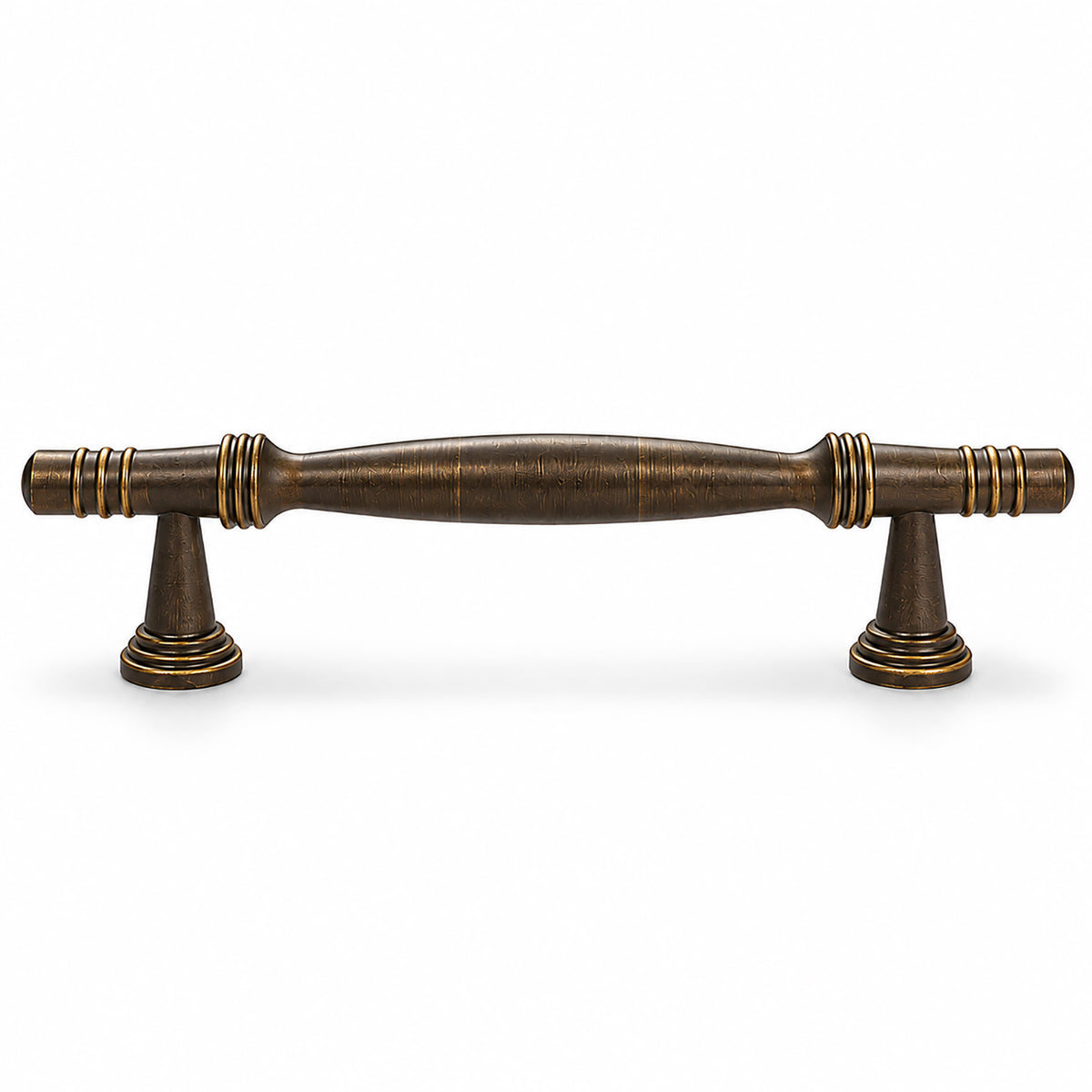 Dark antique brass bar cabinet pull with slender spindle and finial ends, style #7 (96 mm).