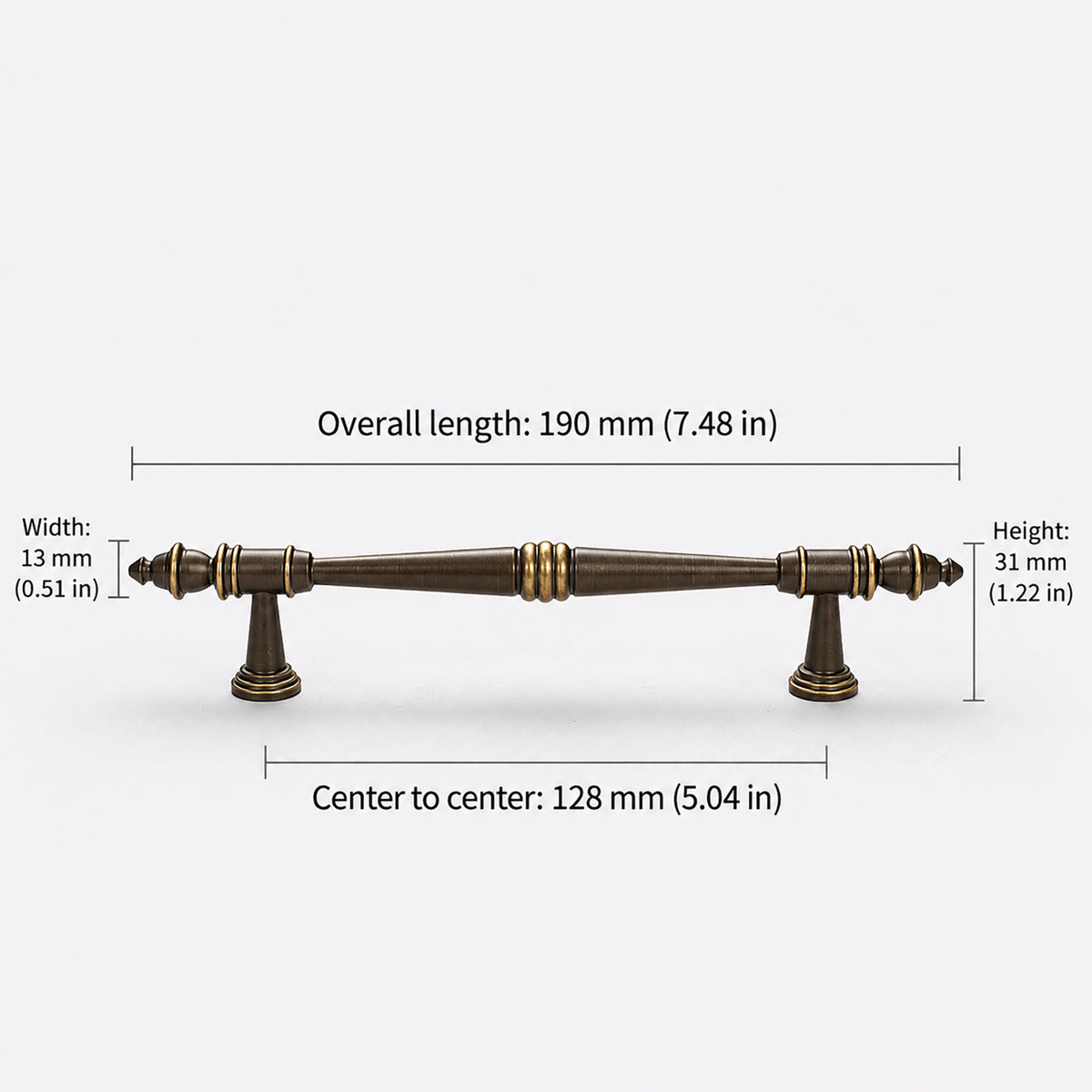 Measurements for ornate dark antique brass bar cabinet pull with ball and finial details, style #8 (128 mm).
