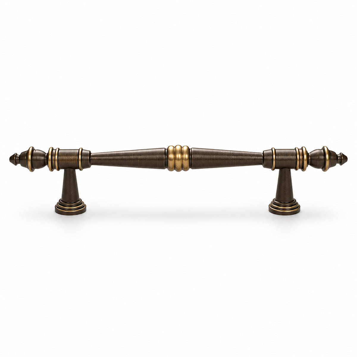 Ornate dark antique brass bar cabinet pull with ball and finial details, style #8 (128 mm).