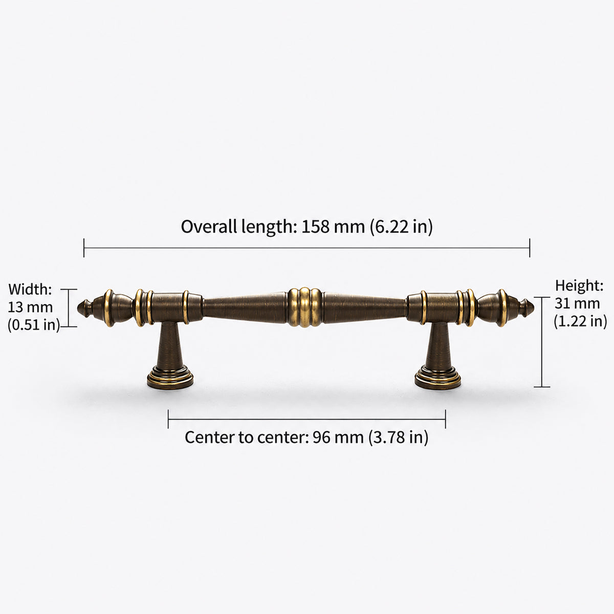 Measurements for ornate dark antique brass bar cabinet pull with ball and finial details, style #8 (96 mm).