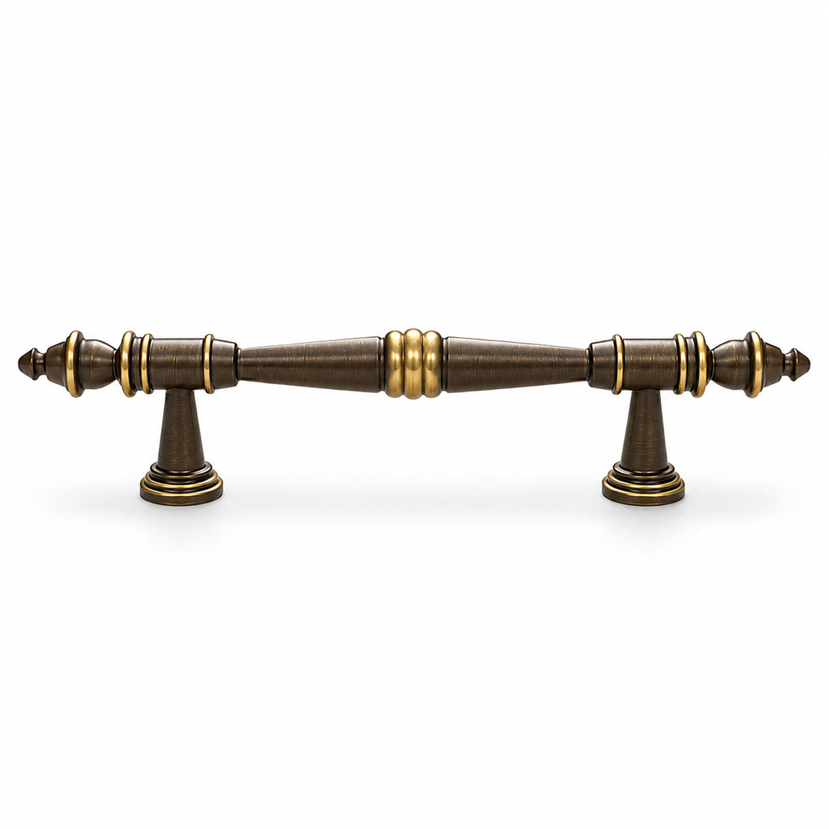 Ornate dark antique brass bar cabinet pull with ball and finial details, style #8 (96 mm).