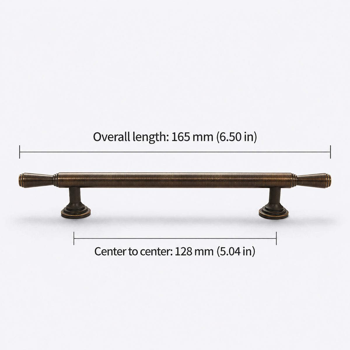 Measurements for dark antique brass bar cabinet pull with flared ends, style #9 (128 mm).