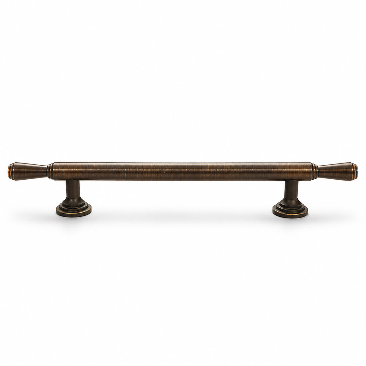 Dark antique brass bar cabinet pull with flared ends, style #9 (128 mm).
