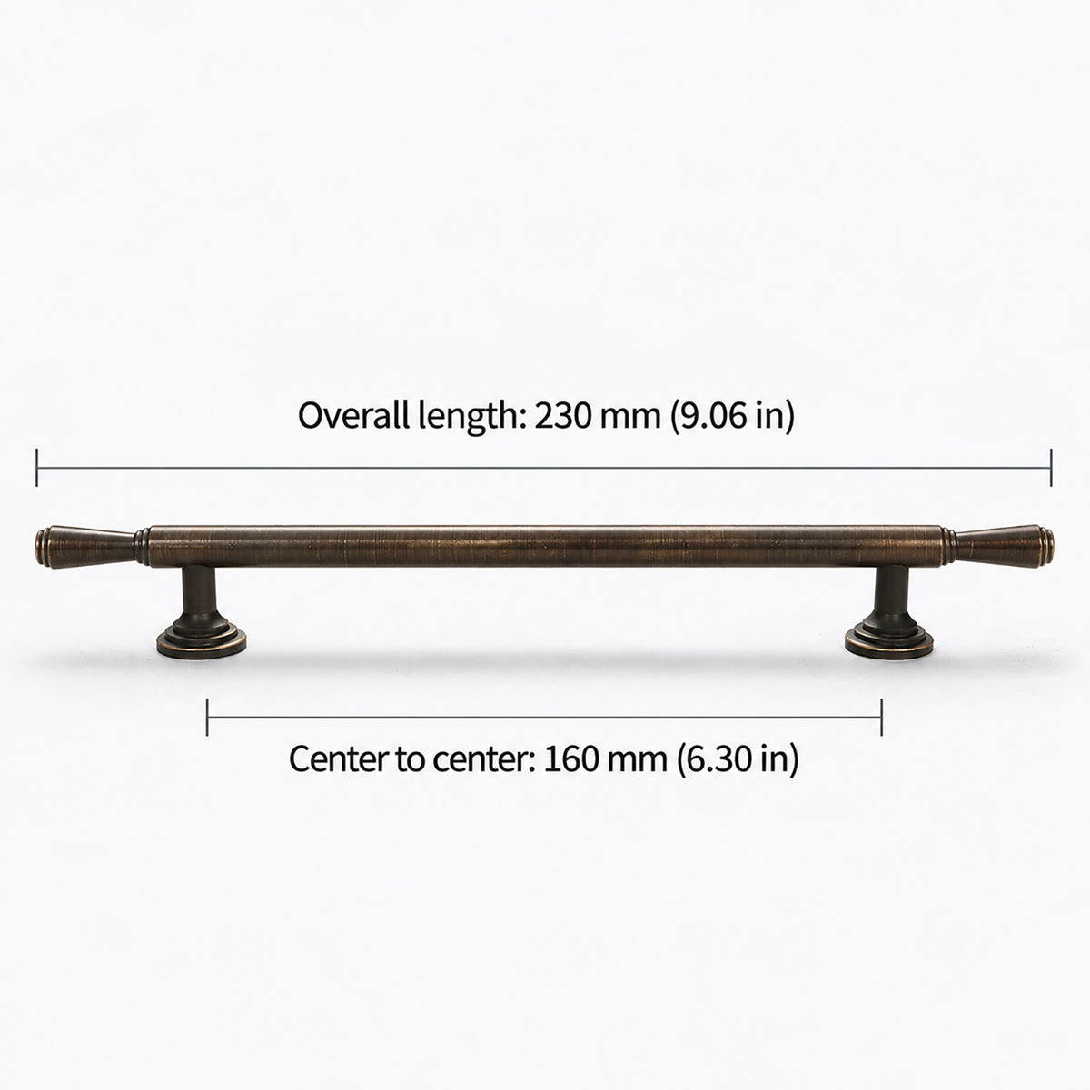Measurements for dark antique brass bar cabinet pull with flared ends, style #9 (160 mm).