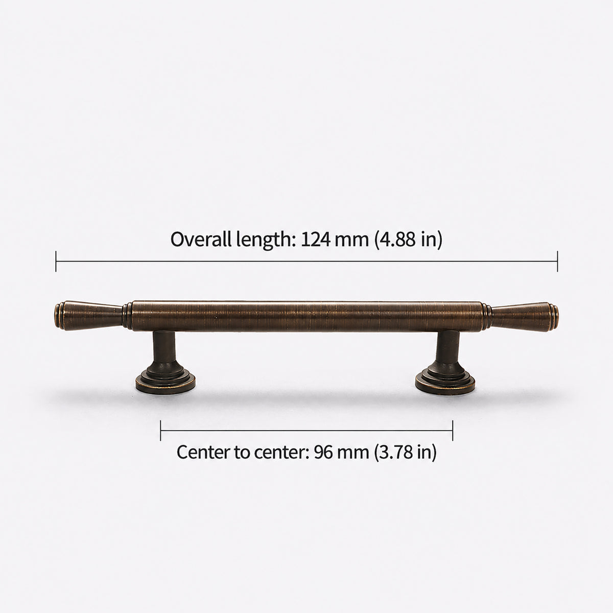 Measurements for dark antique brass bar cabinet pull with flared ends, style #9 (96 mm).