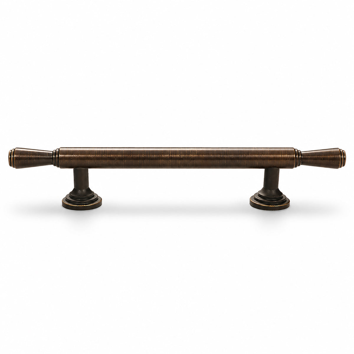 Dark antique brass bar cabinet pull with flared ends, style #9 (96 mm).