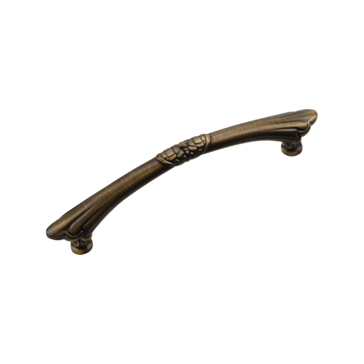 Aged bronze-tone curved bar pull with ring bands at the center and tapered ends, 128 mm.