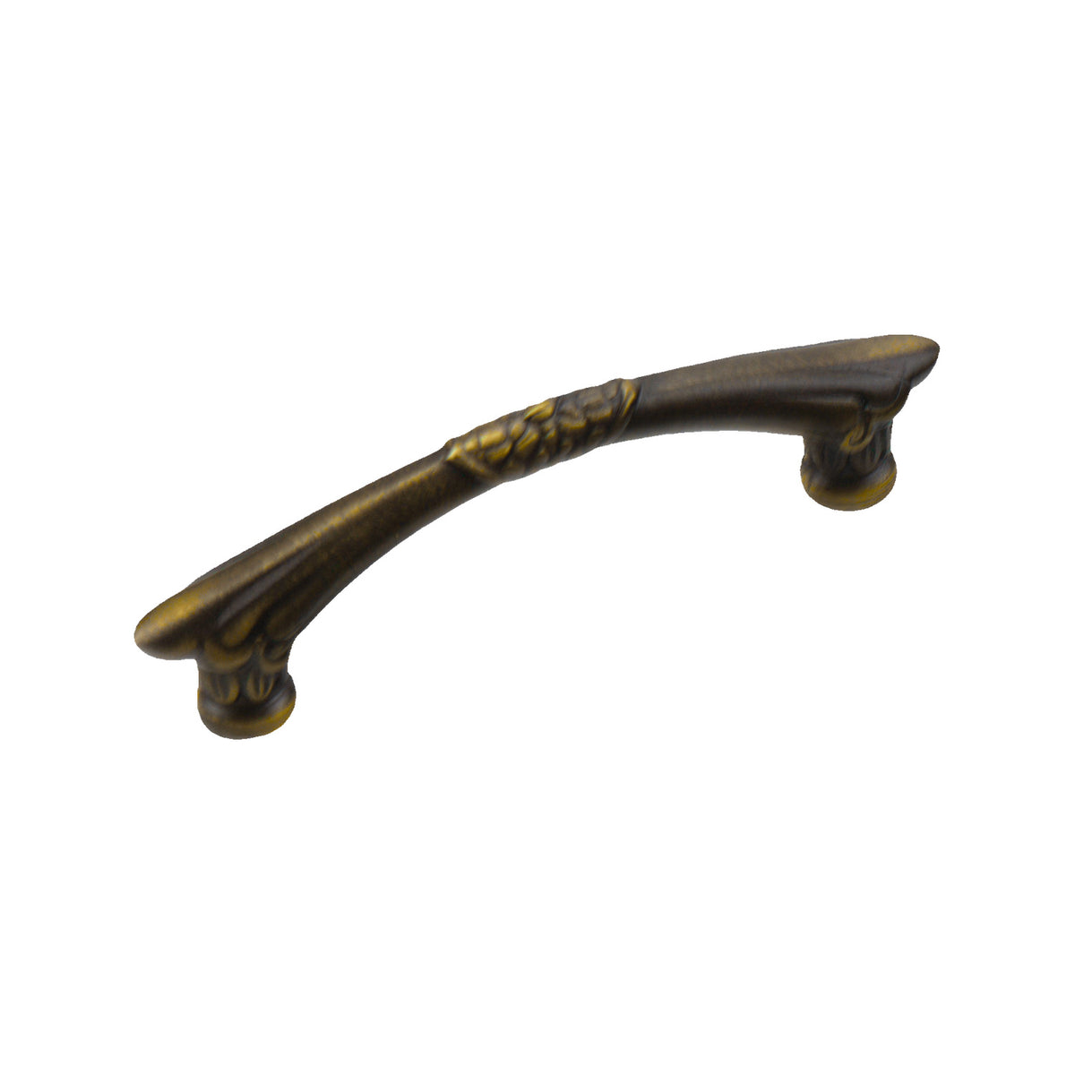 Aged bronze-tone curved bar pull with ring bands at the center and tapered ends, 64 mm.