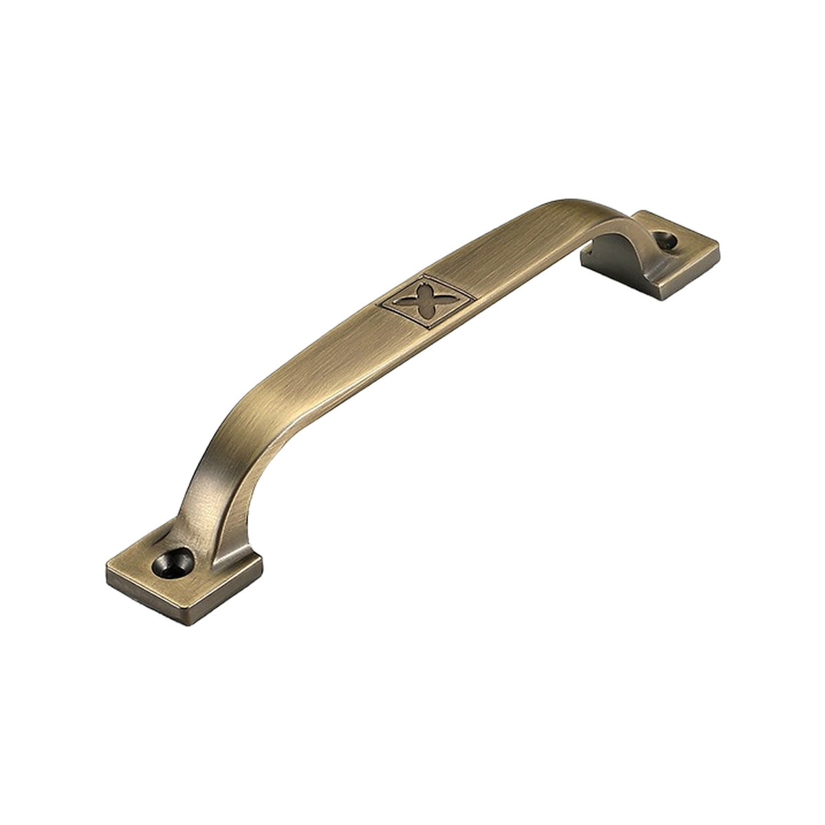 Antique bronze-tone bar pull with a four-petal emblem and square mounting feet, option No. 1, 162 mm.
