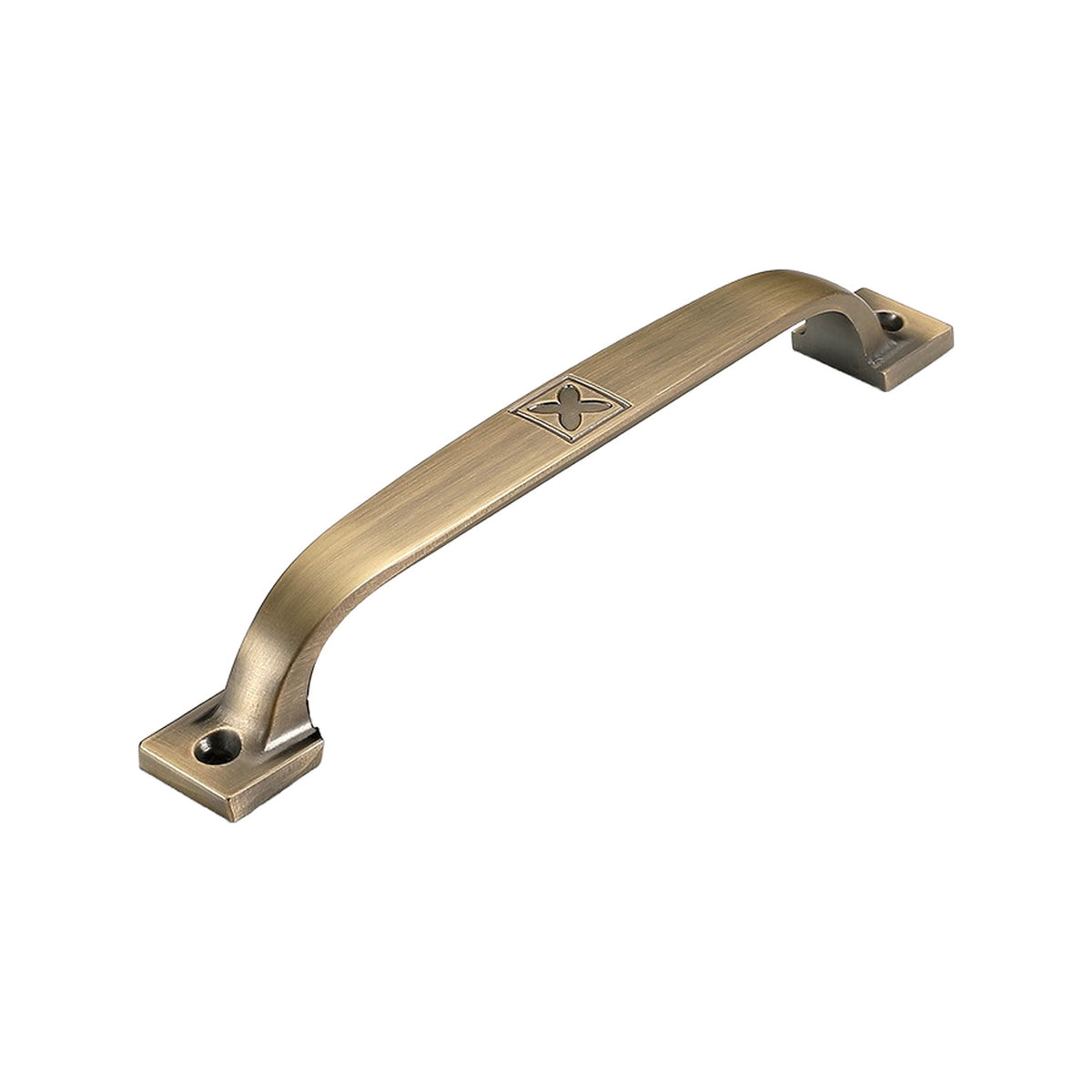 Antique bronze-tone bar pull with a four-petal emblem and square mounting feet, option No. 1, 195 mm.