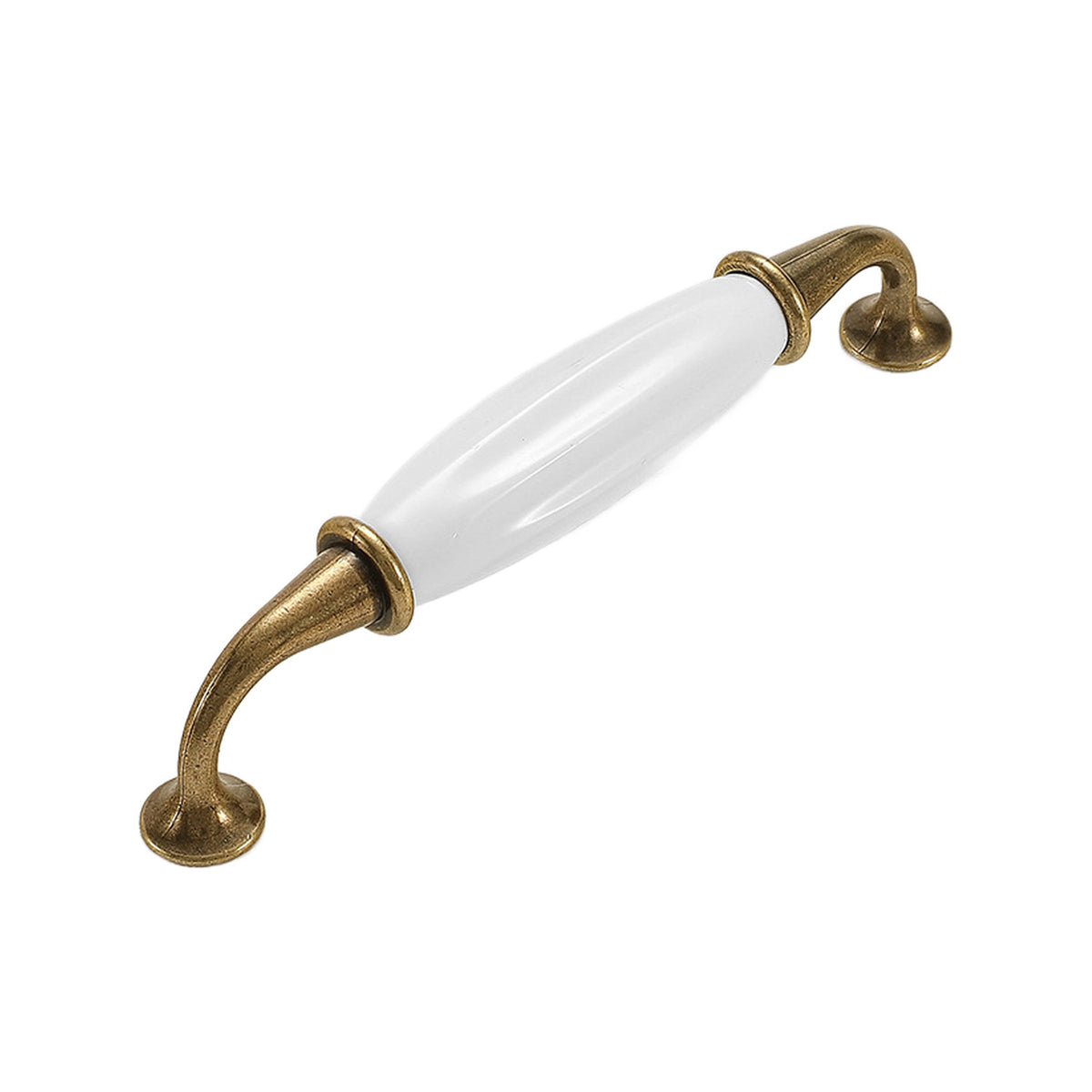 Antique bronze-tone bar pull with a white ceramic center and round mounting plates, option No. 2, 128 mm.