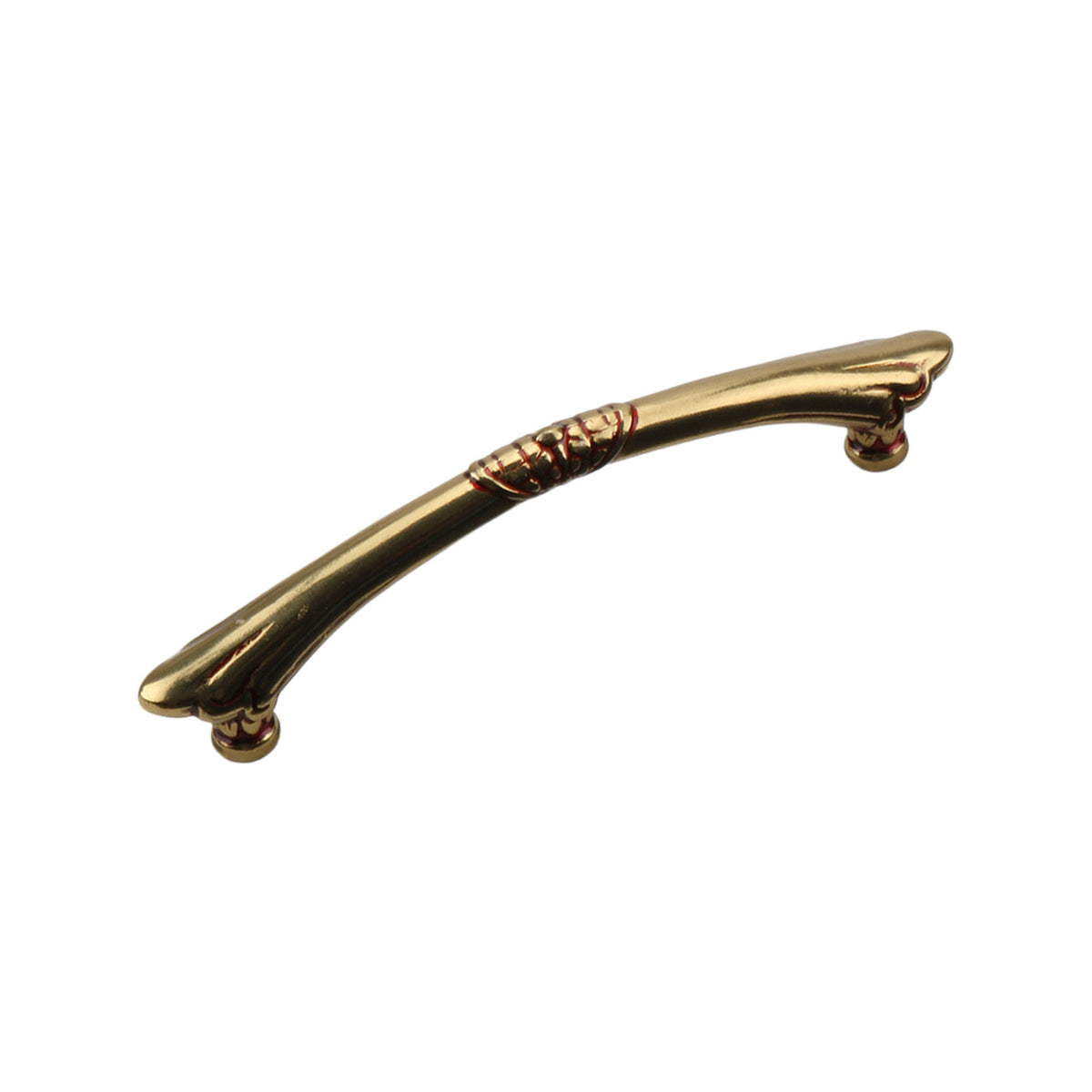 Antique gold-tone curved bar pull with ring bands at the center and tapered ends, 128 mm.