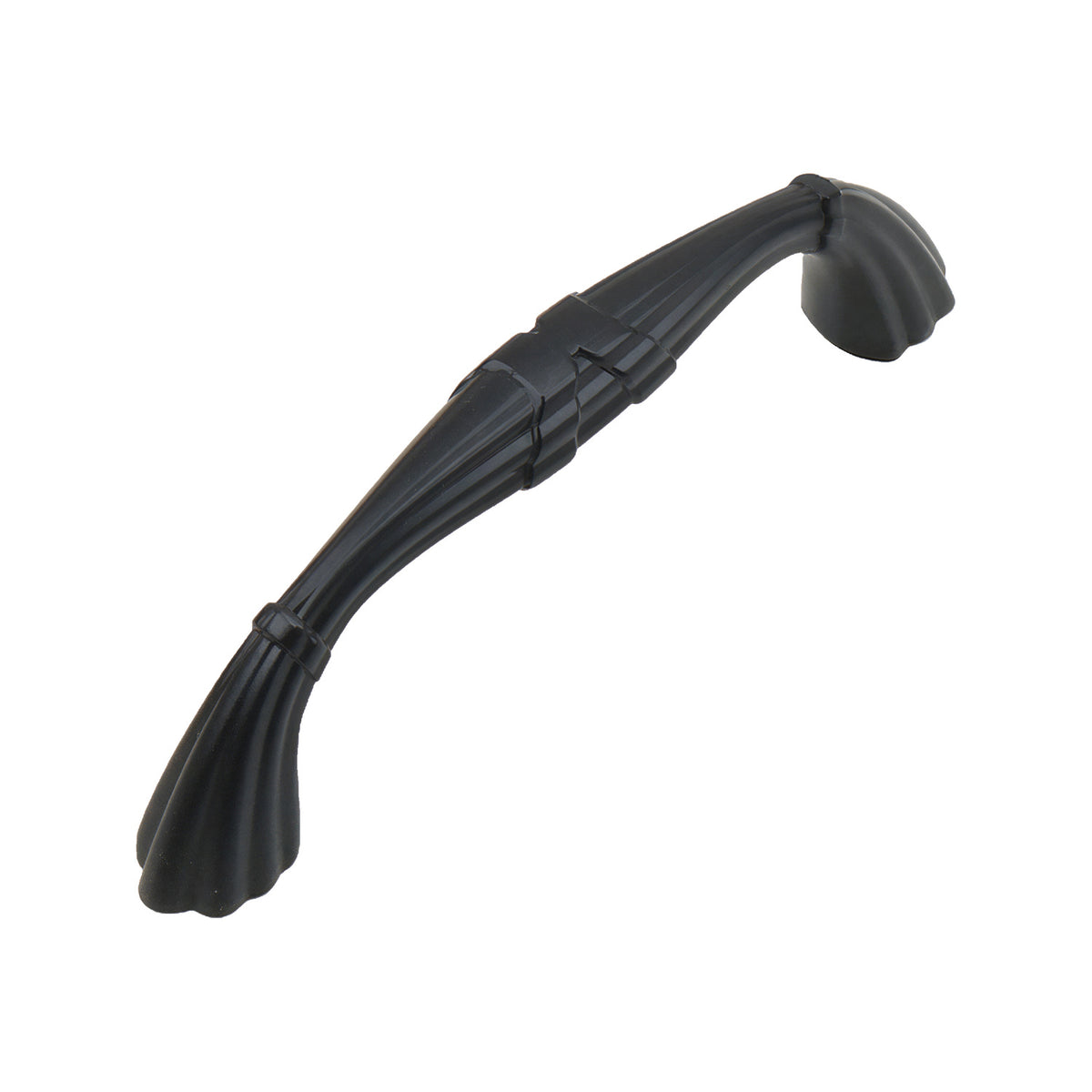 Black arched bar pull with flared leaf-shaped ends, option No. 1, 96 mm.