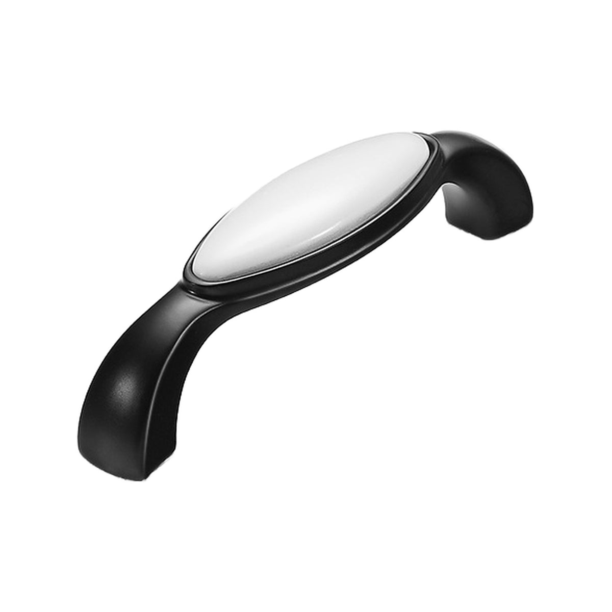 Black arched bar pull with an oval white ceramic inset, option No. 6, 96 mm.