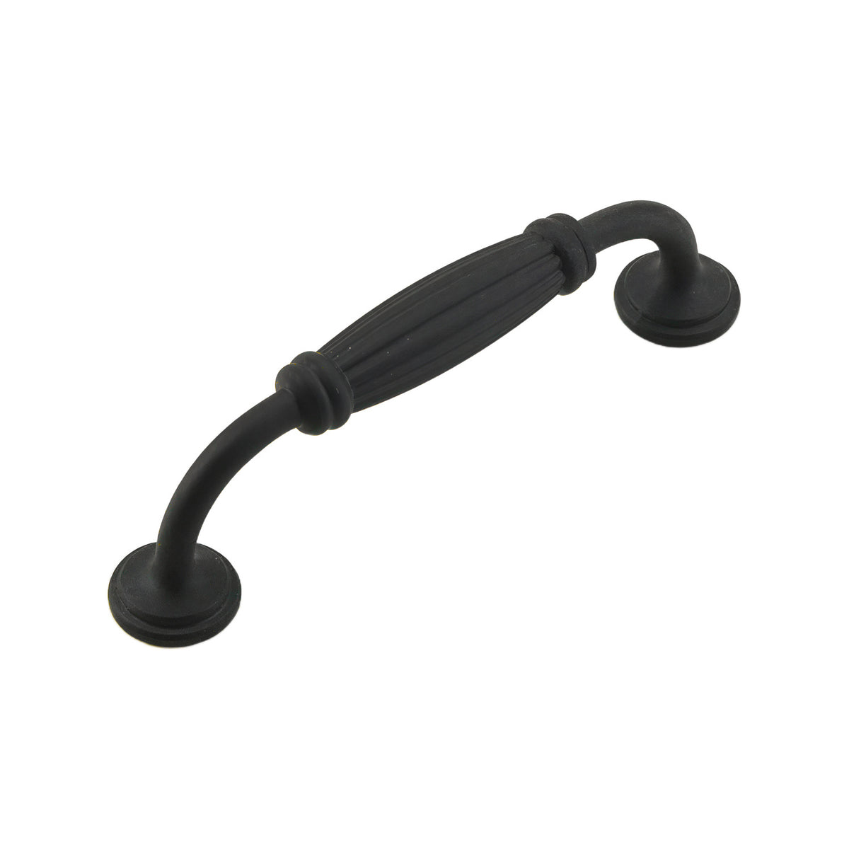 Black arched bar pull with a ribbed center and round mounts, 96 mm.