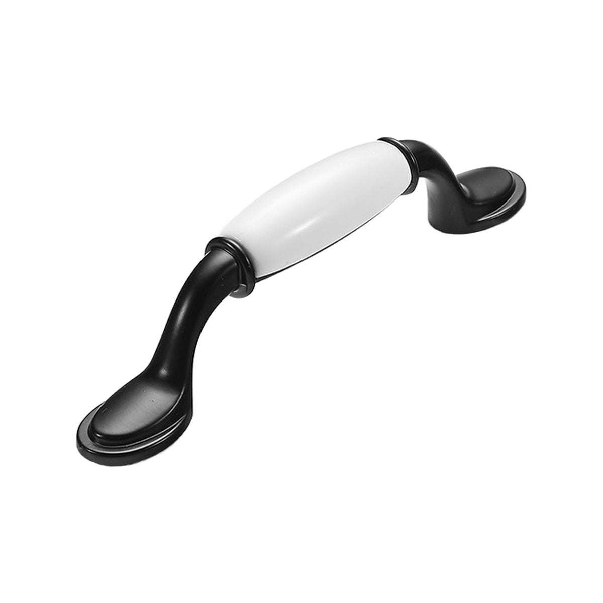 Black curved bar pull with a white ceramic center and decorative flared ends, option No. 3, 96 mm.