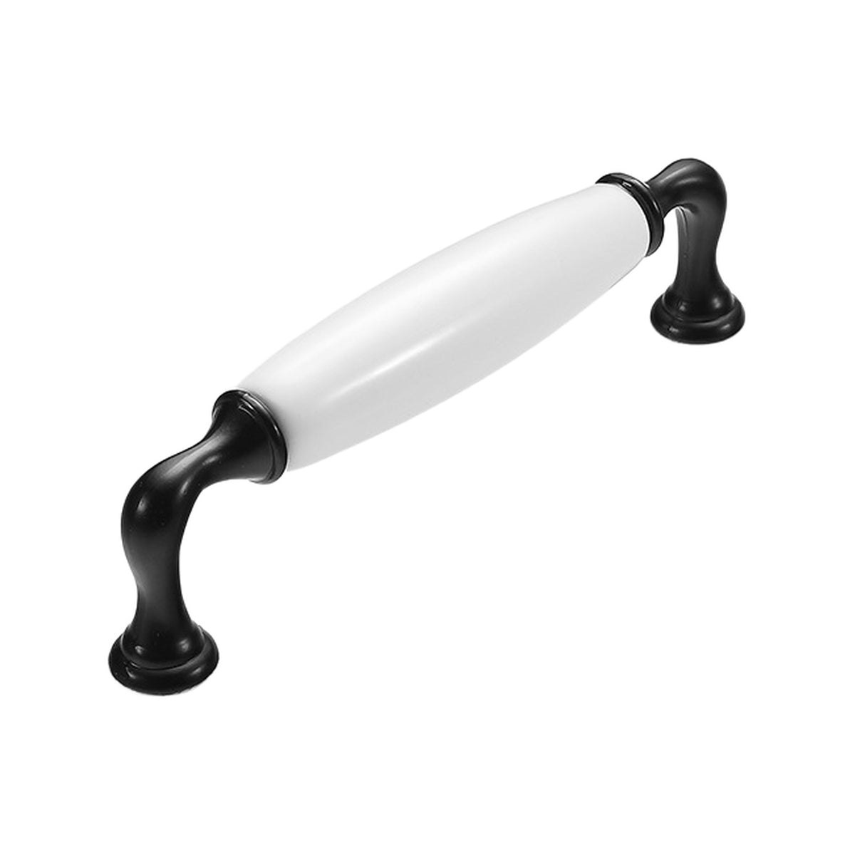 Black curved bar pull with a white ceramic center and round pedestal feet, option No. 9, 128 mm.