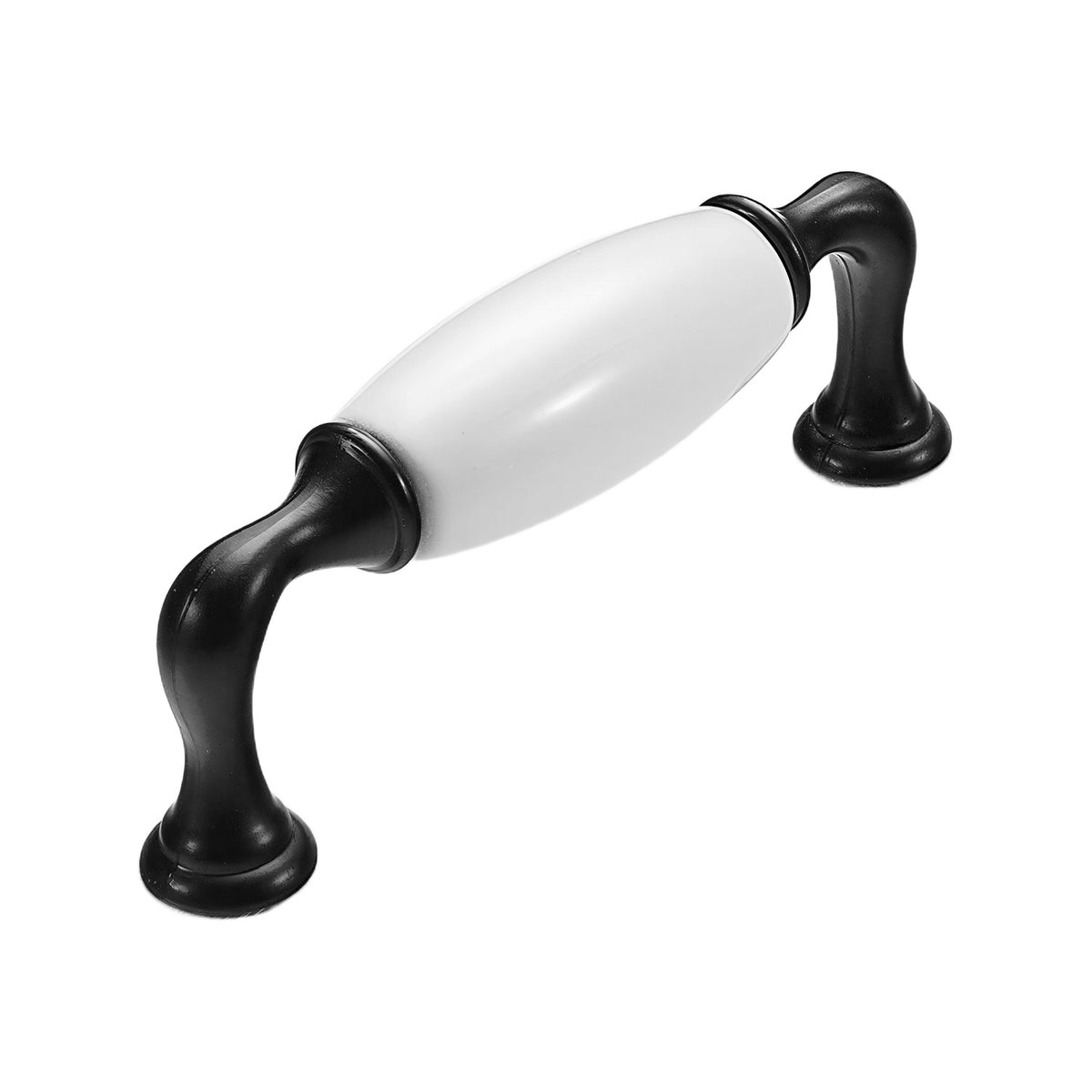 Black curved bar pull with a white ceramic center and round pedestal feet, option No. 9, 96 mm.