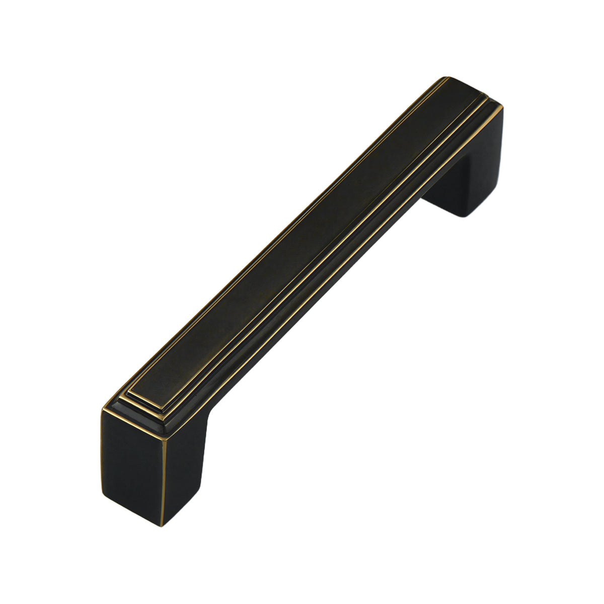 Black rectangular bar pull with recessed gold-tone lines, 96 mm, option No. 15.