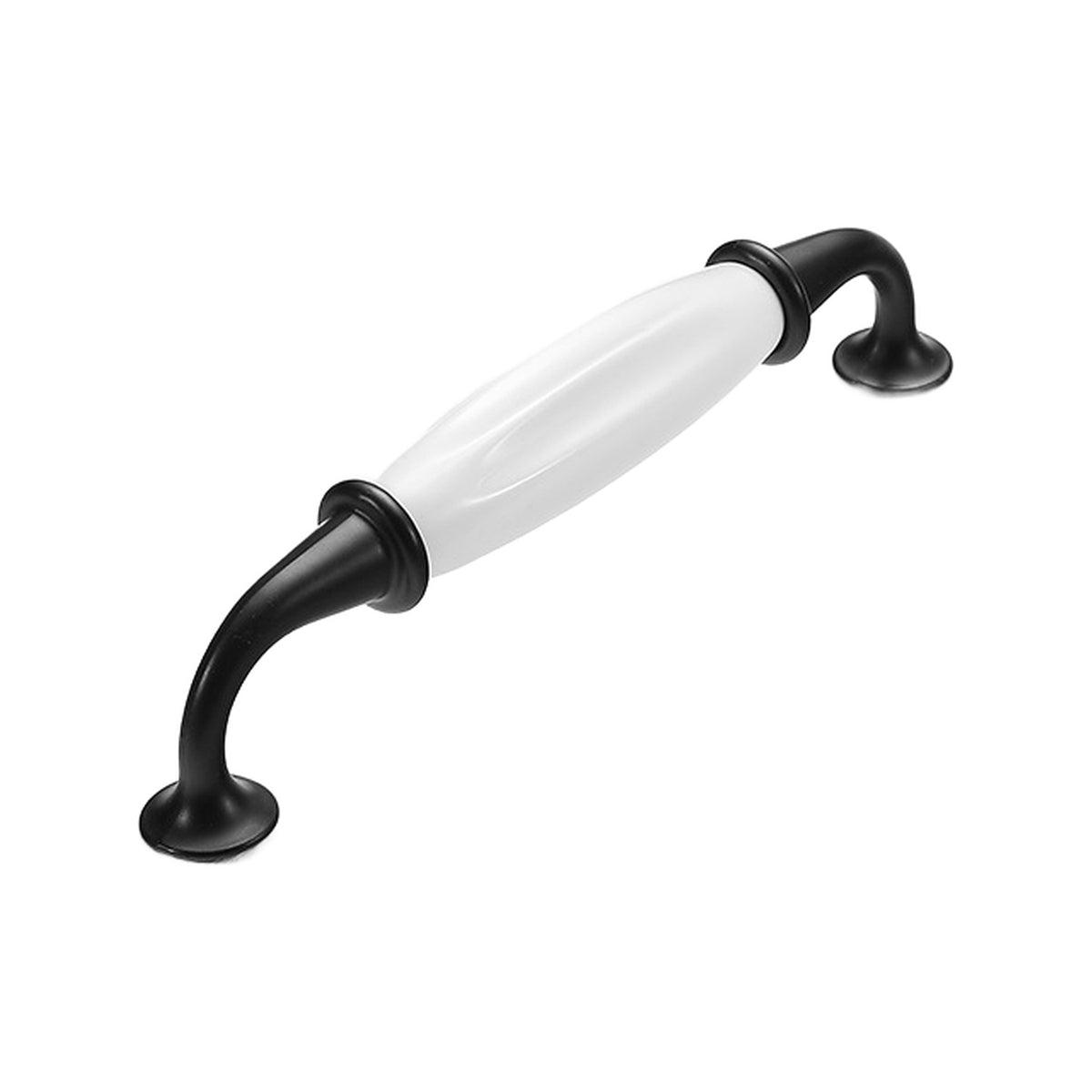 Black bar pull with a slender white ceramic center and round mounting plates, option No. 8, 128 mm.