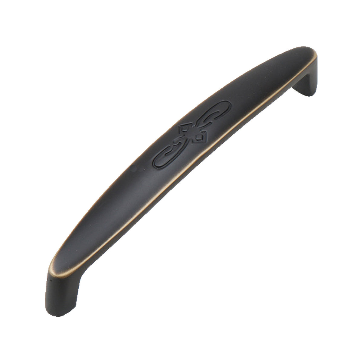 Black straight bar pull with gold-tone edging and an engraved center, option No. 5, 128 mm.