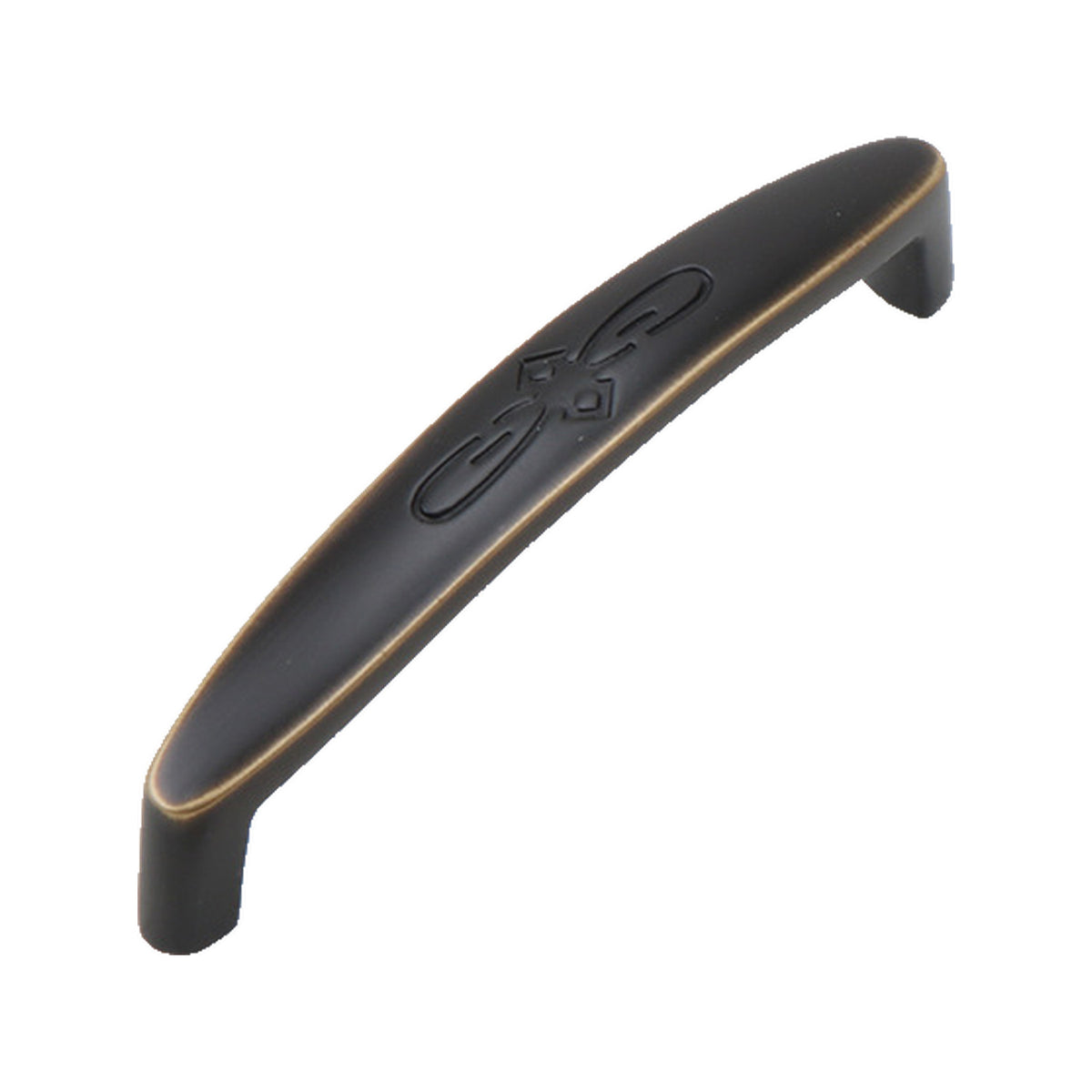 Black straight bar pull with gold-tone edging and an engraved center, option No. 5, 96 mm.