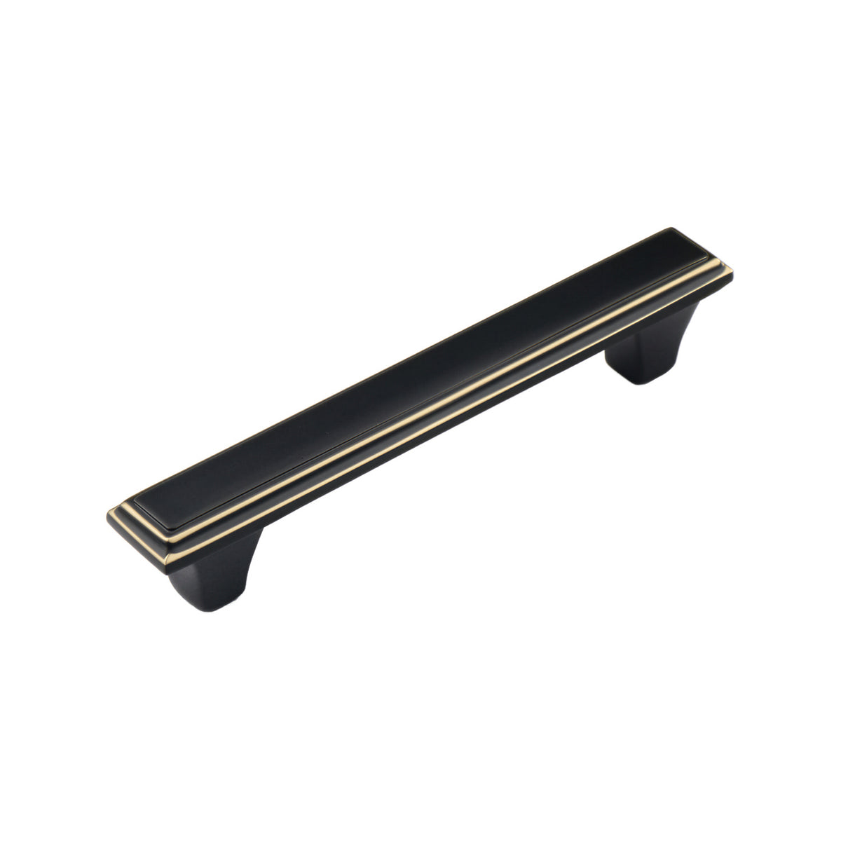 Black straight bar pull with gold-tone trim, 125 mm.