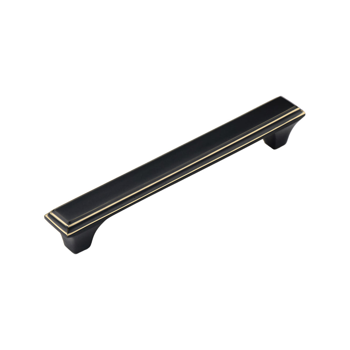 Black straight square bar pull with gold-tone edging, 154 mm.