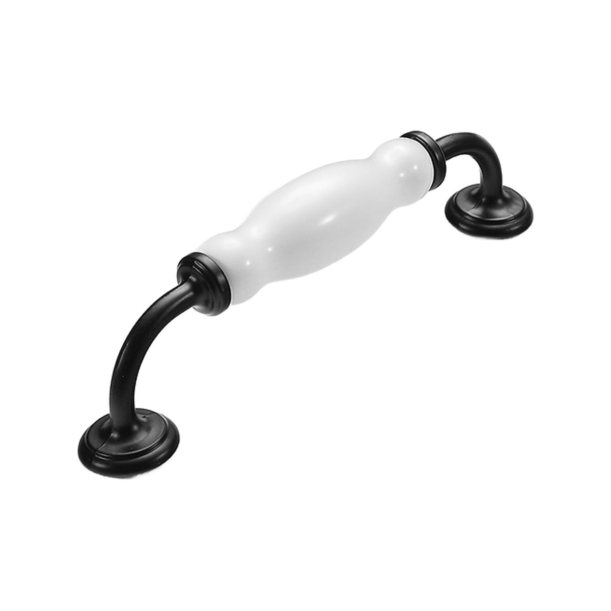 Black bar pull with a white ceramic center and round mounting plates, option No. 7, 128 mm.