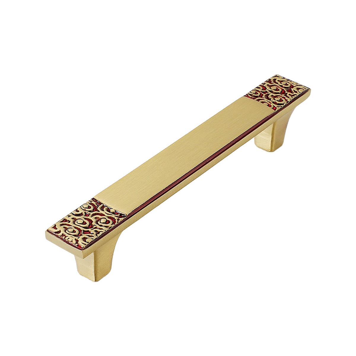 Brass-tone bar pull with patterned red and gold-tone ends, 96 mm, option No. 3.